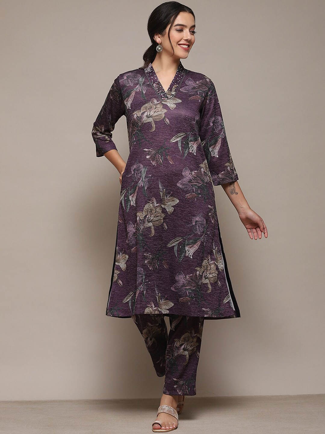 

Biba Floral Printed Regular Sequinned Kurta with Trousers, Lavender