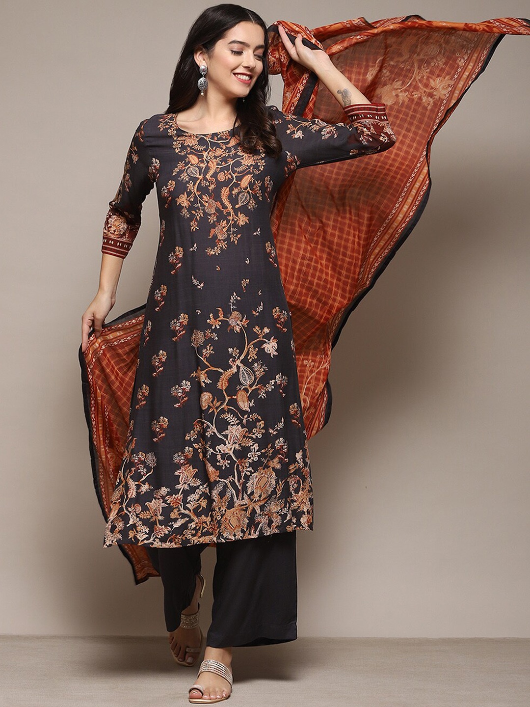 

Biba Ethnic Motifs Printed Regular Pure Cotton Kurta with Palazzos & Dupatta, Charcoal