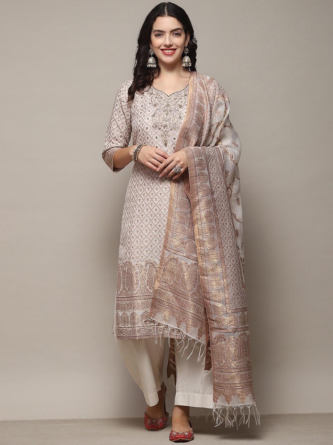 

Biba Ethnic Motifs Embroidered Regular Beads And Stones Kurta With Palazzos & Dupatta, Cream