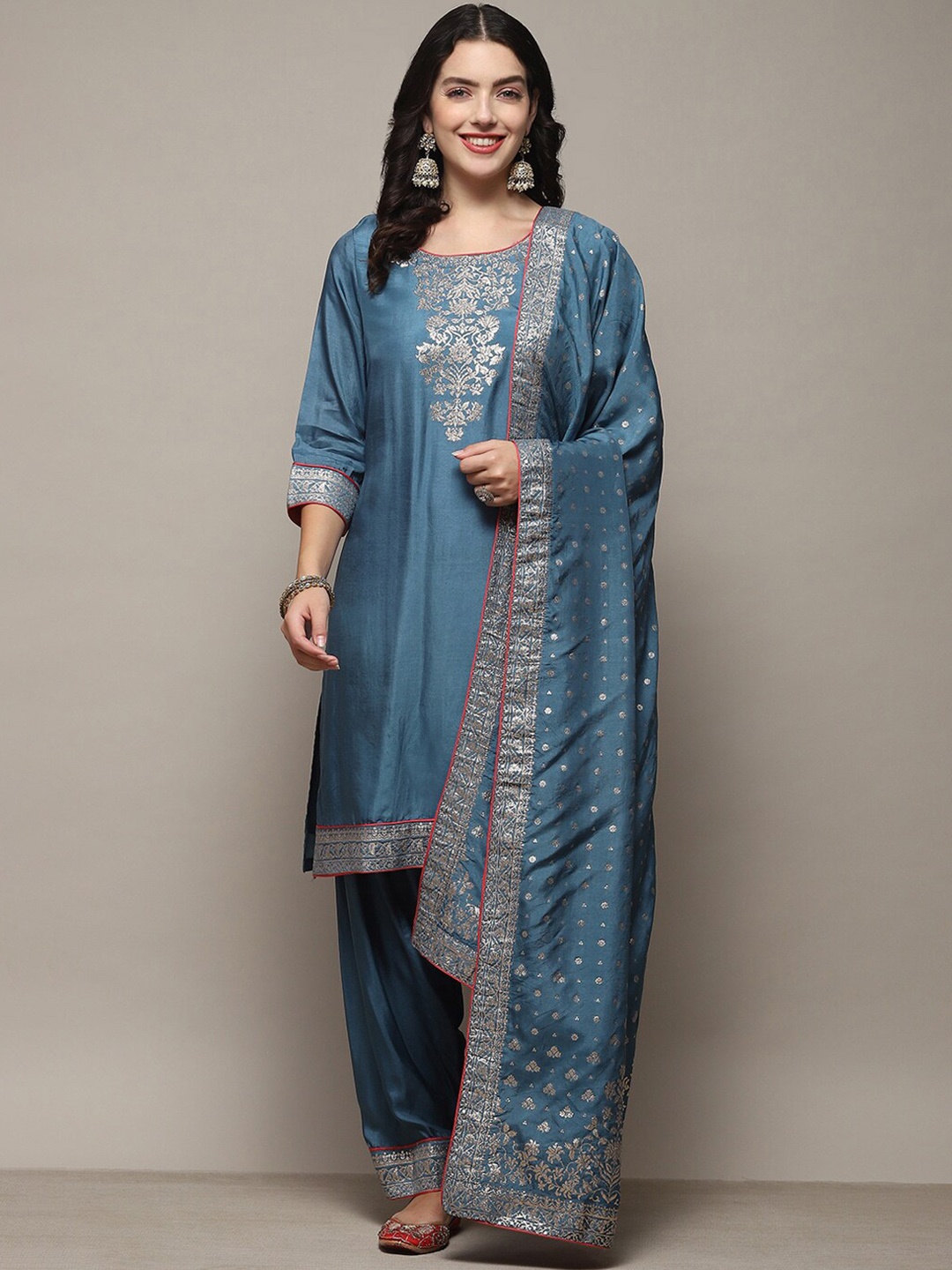 

Biba Ethnic Motifs Straight Kurta With Salwar & Dupatta, Blue