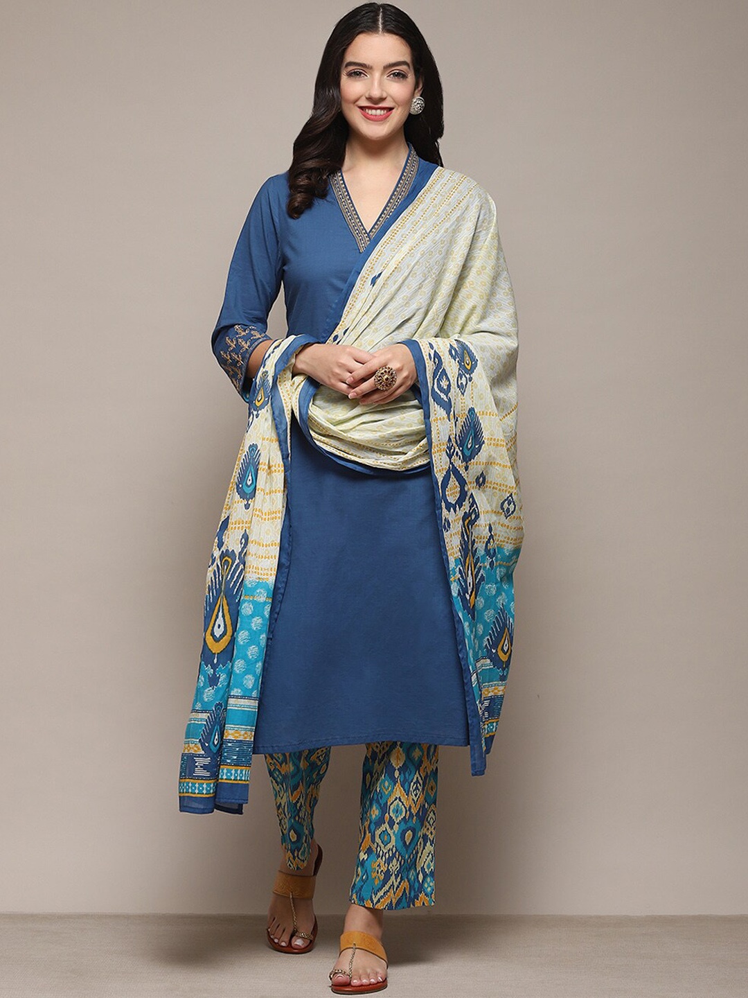 

Biba Thread Work Pure Cotton Kurta with Trousers & With Dupatta, Blue