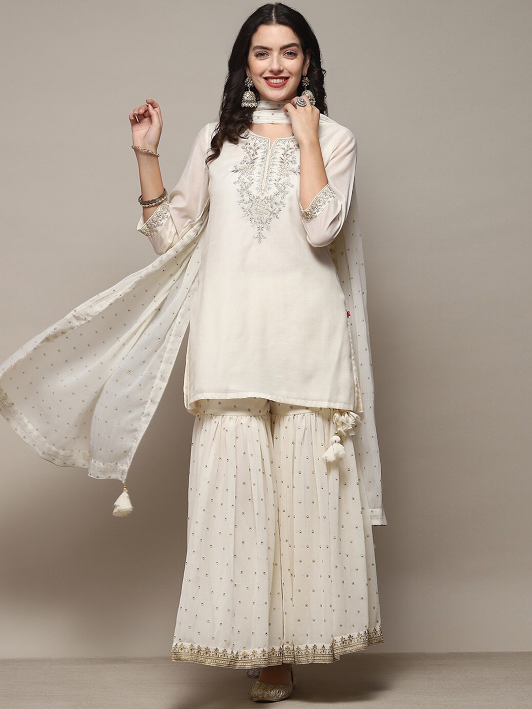 

Biba Ethnic Motifs Embroidered Regular Kurta with Sharara & With Dupatta, Off white