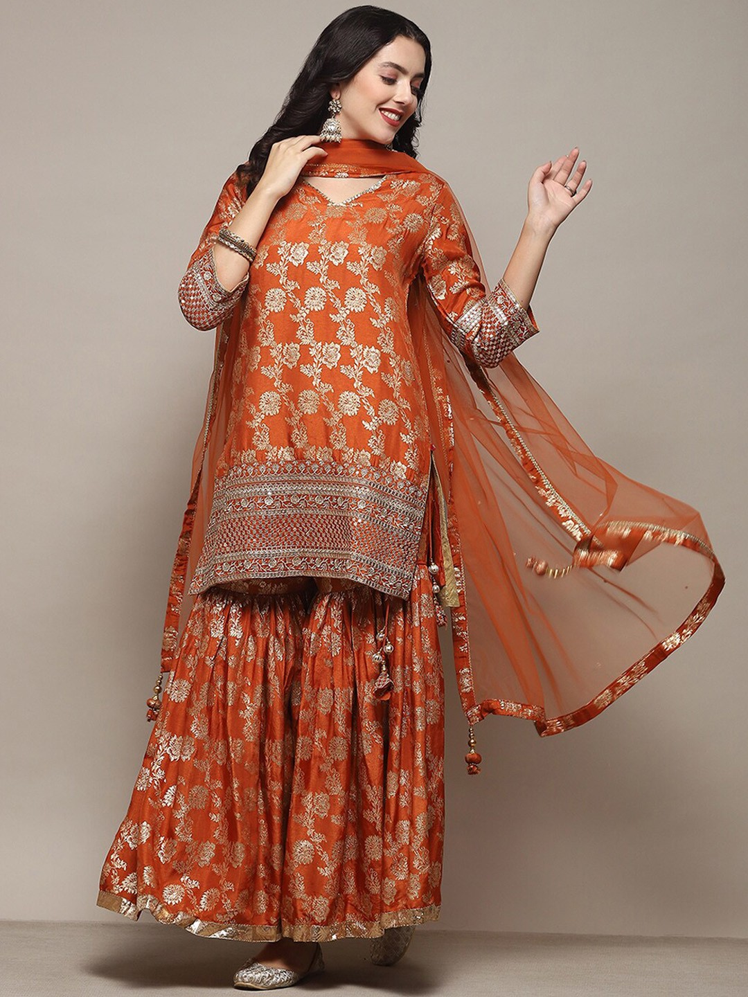 

Biba Woven Design Sequinned Regular Kurta with Sharara & With Dupatta, Rust
