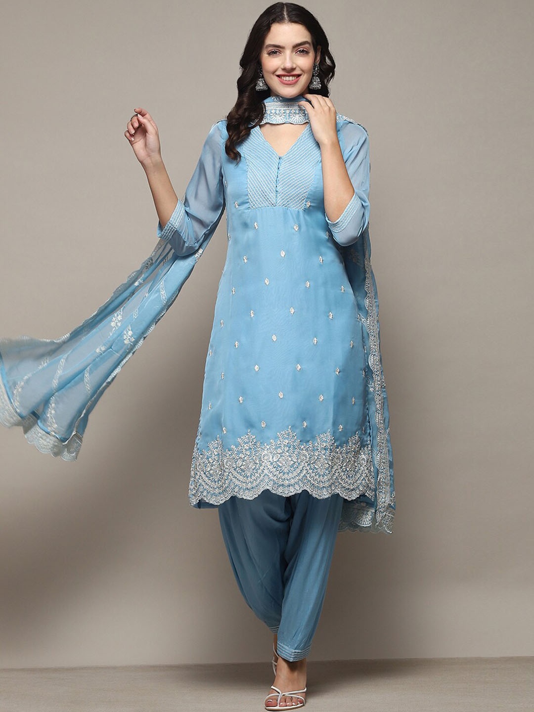 

Biba Ethnic Motifs Embroidered Regular Thread Work Kurta With Salwar & Dupatta, Blue