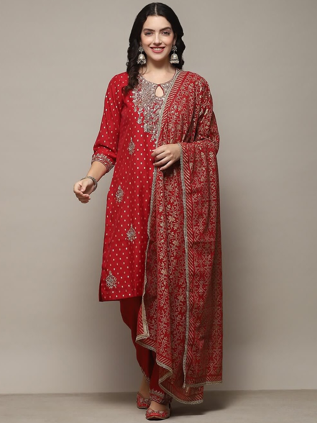 

Biba Ethnic Motifs Embroidered Regular Kurta with Salwar & With Dupatta, Red