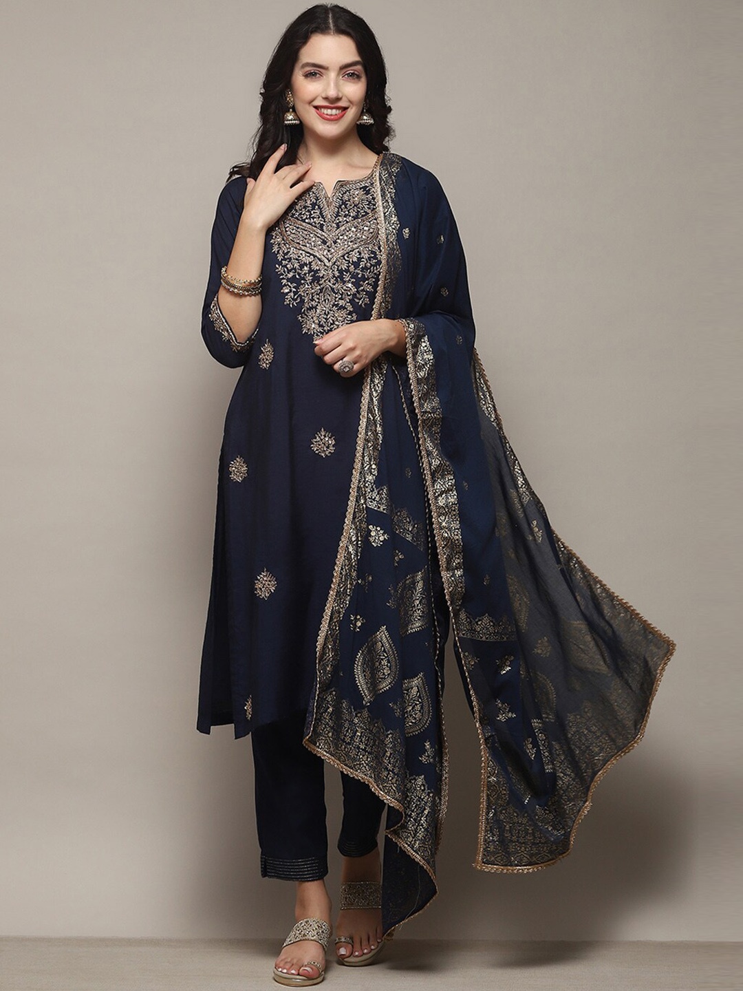 

Biba Ethnic Motifs Embroidered Sequined Straight Kurta With Trousers & Dupatta, Blue