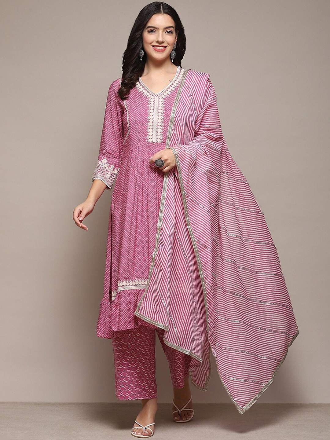 

Biba Geometric Printed Thread Work Pleated A-Line Kurta With Palazzos & Dupatta, Pink