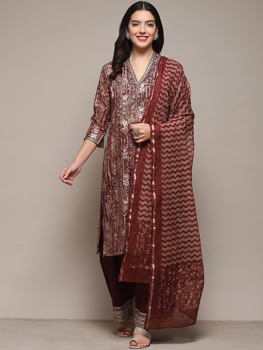 

Biba Floral Printed Regular Kurta with Palazzos & With Dupatta, Maroon