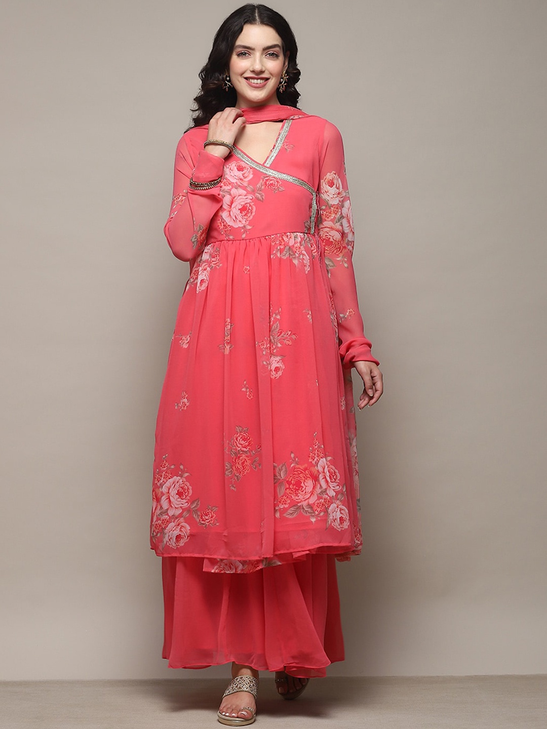 

Biba Floral Printed Empire Kurta with Sharara & With Dupatta, Pink