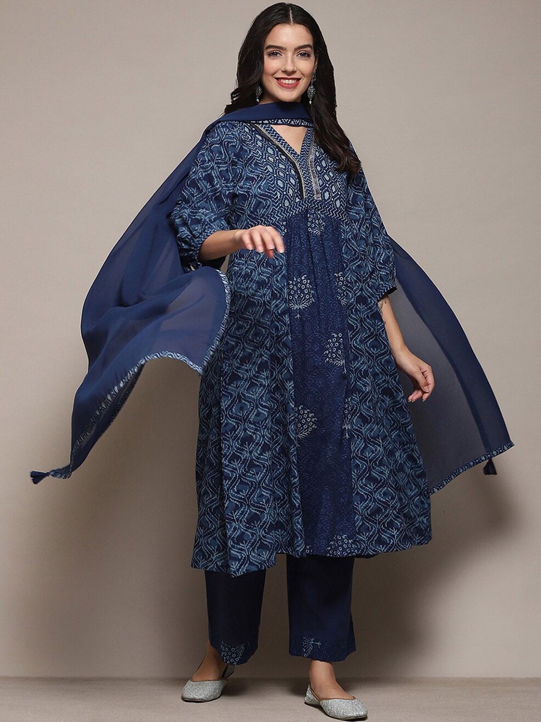 

Biba Ethnic Motifs Printed Sequinned A-Line Kurta with Palazzos & With Dupatta, Blue