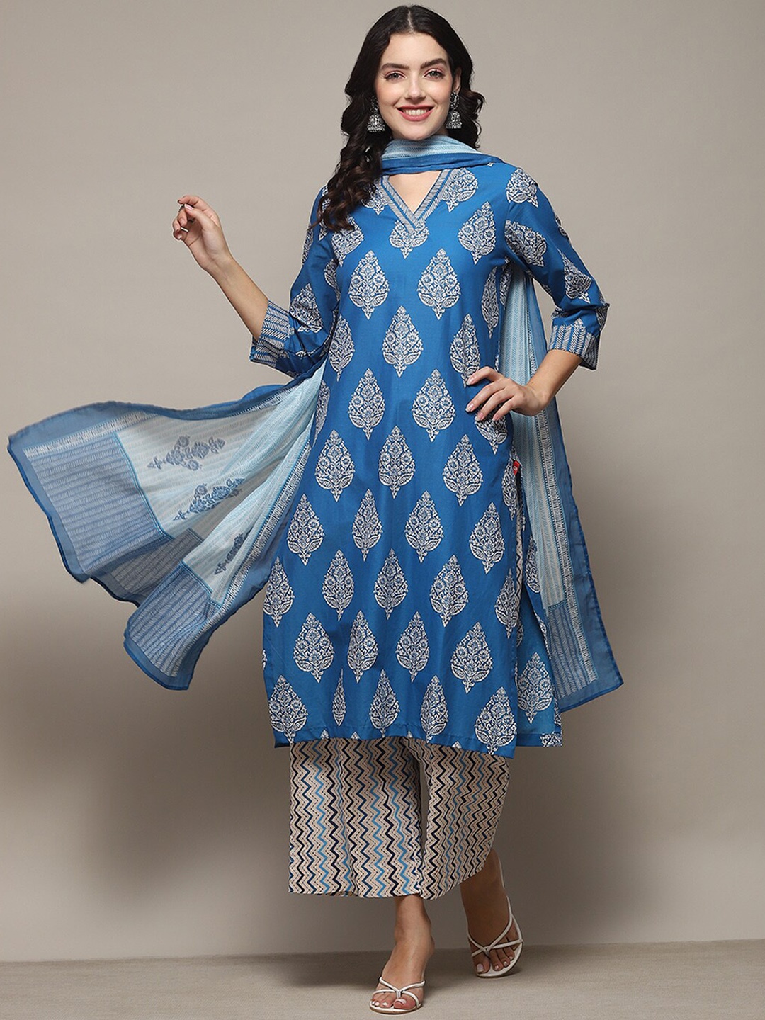 

Biba Ethnic Motifs Printed Regular Kurta with Palazzos & With Dupatta, Blue