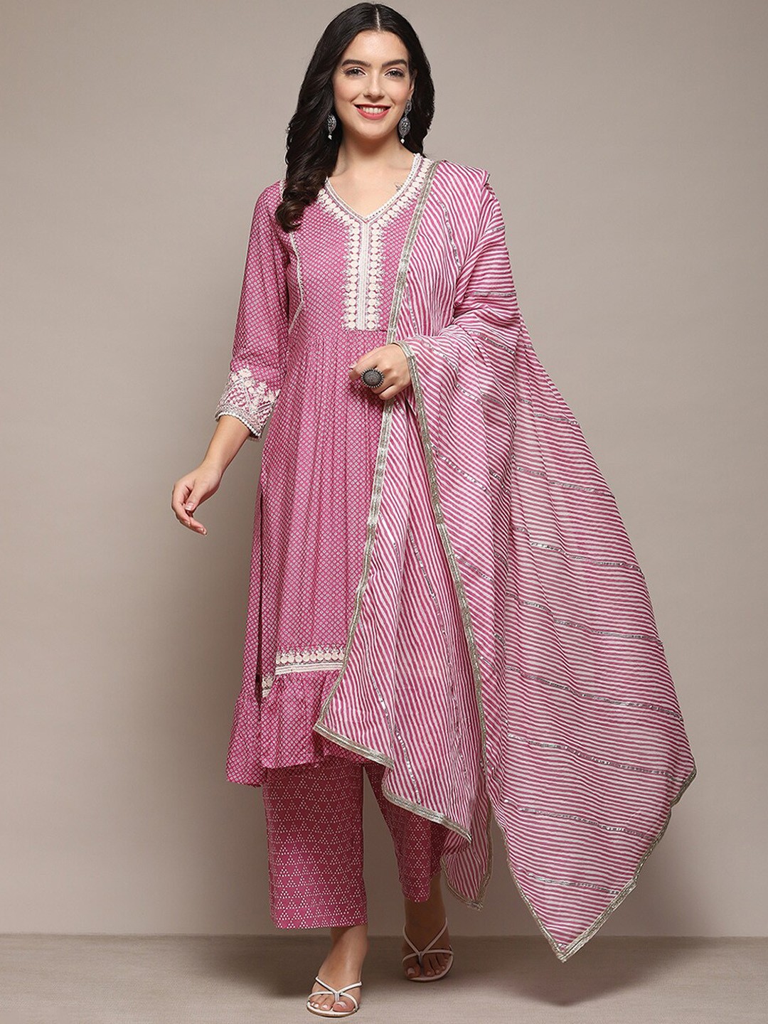 

Biba Geometric Printed V-Neck Thread Work Pleated A-Line Kurta & Palazzos With Dupatta, Pink