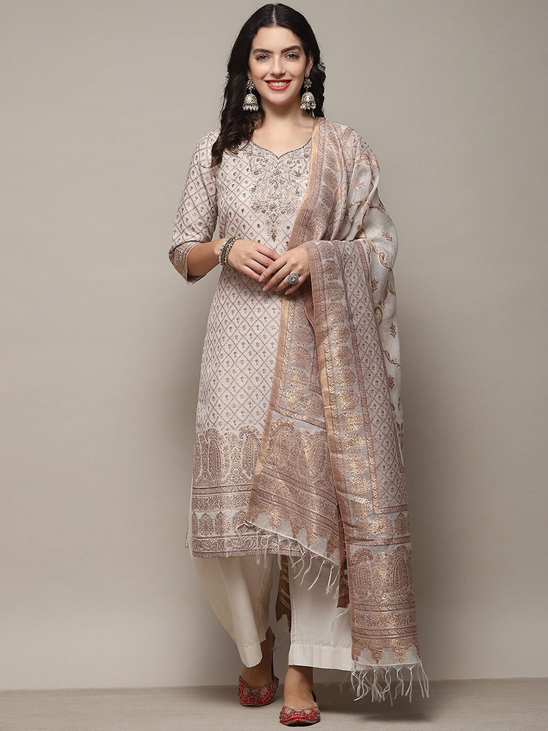 

Biba Ethnic Motifs Embroidered Regular Zari Detailed Kurta & Palazzos With Dupatta, Cream
