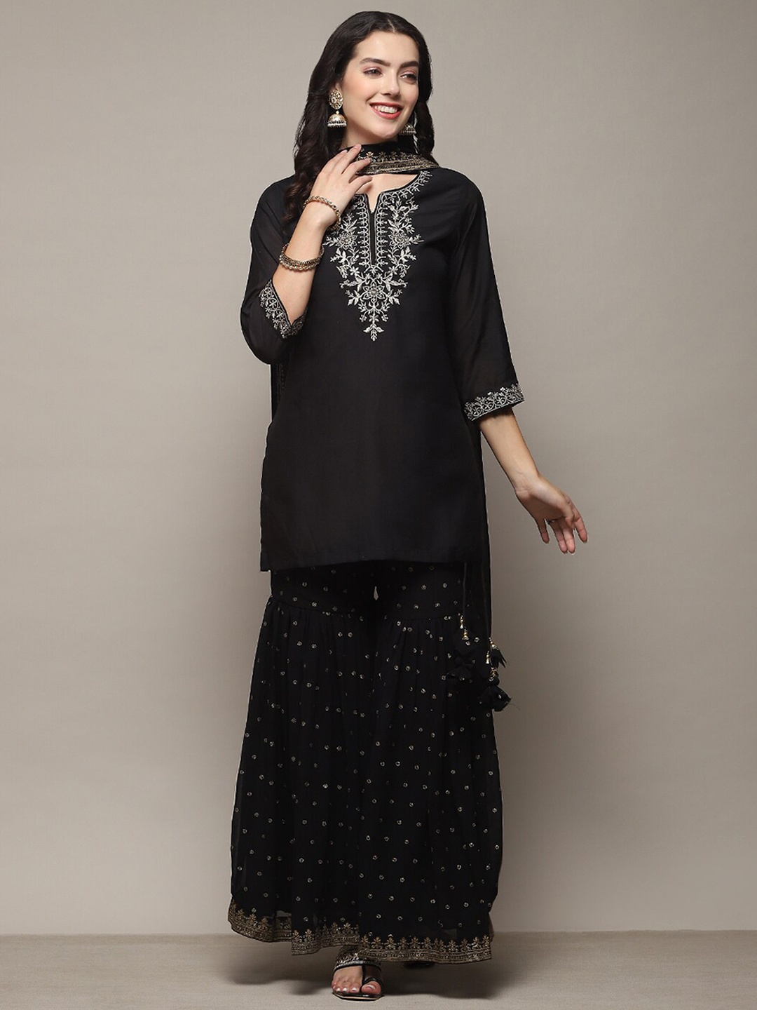 

Biba Thread Work Regular Kurta & Sharara With Dupatta, Black