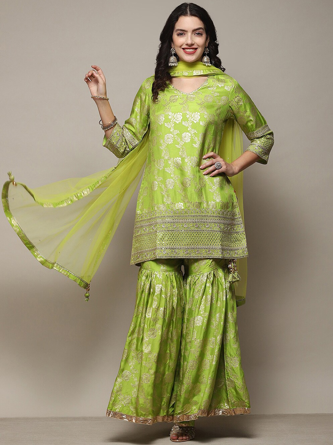 

Biba Floral Woven Designed Regular Mirror Work Kurta & Sharara With Dupatta, Lime green