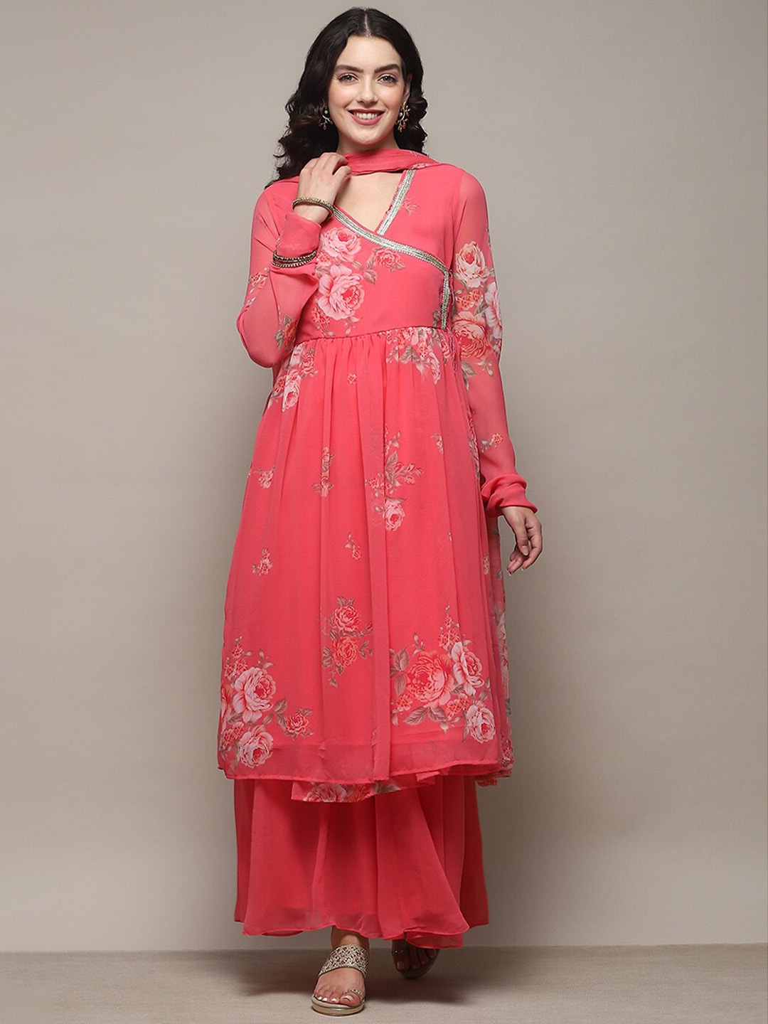 

Biba Floral Printed V-Neck Angrakha Anarkali Kurta & Palazzos With Dupatta, Pink