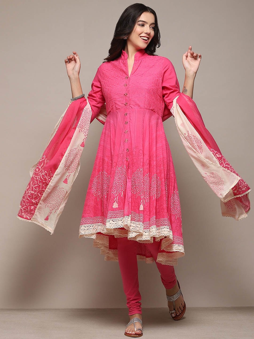 

Biba Ethnic Motifs Printed Thead work Detail Cotton Anarkali Kurta & Leggings With Dupatta, Pink