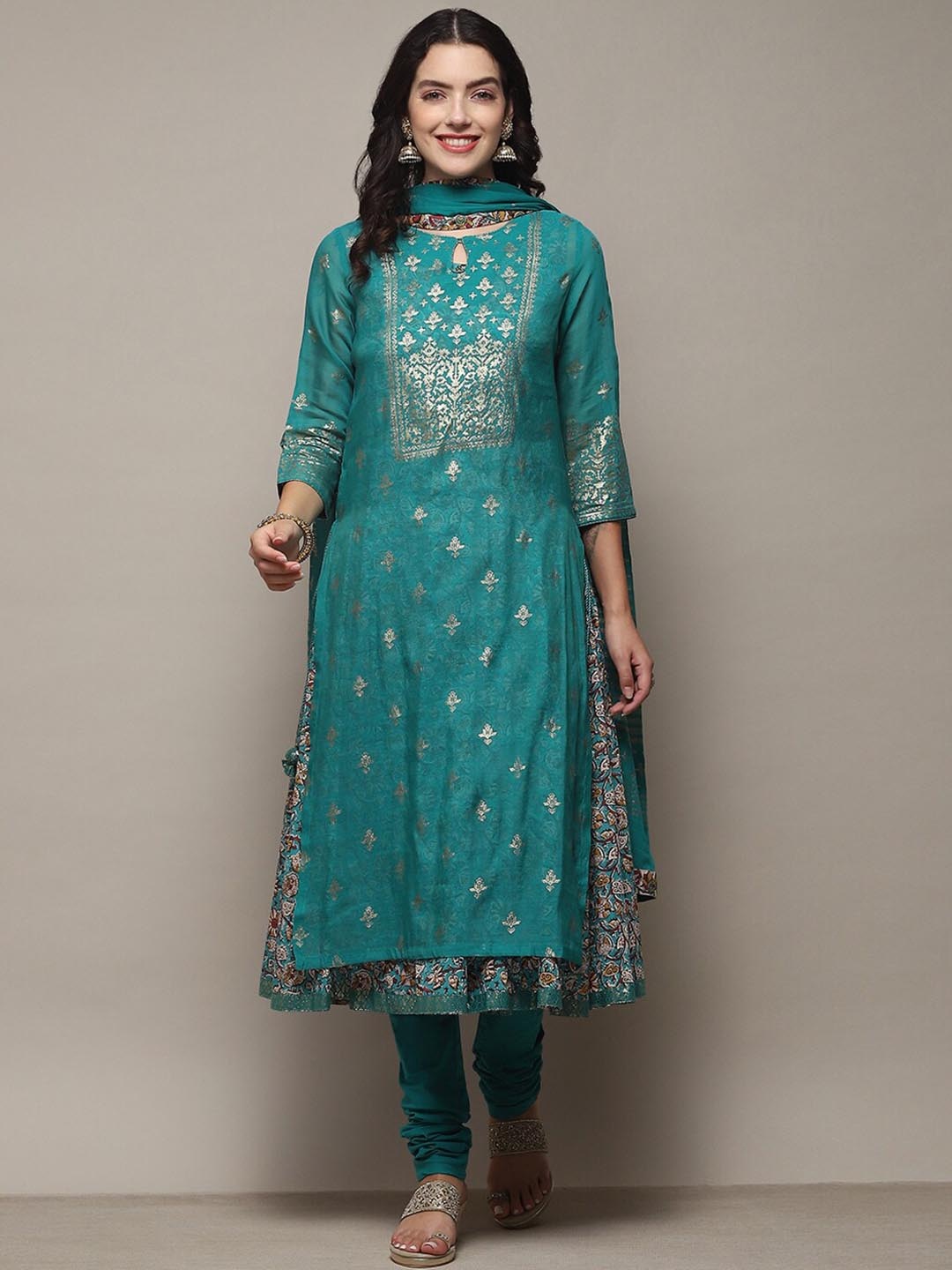 

Biba Ethnic Motifs Woven Design A-Line Kurta with Churidar & With Dupatta, Turquoise blue