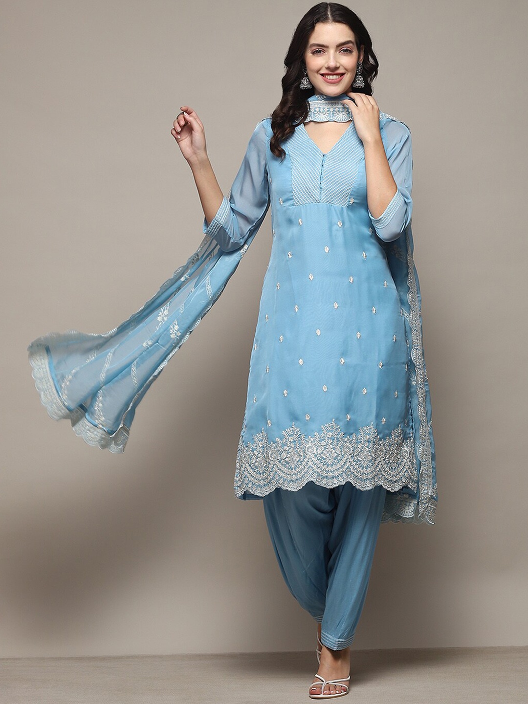 

Biba Floral Embroidered Thread Work Regular Kurta with Salwar & With Dupatta, Blue