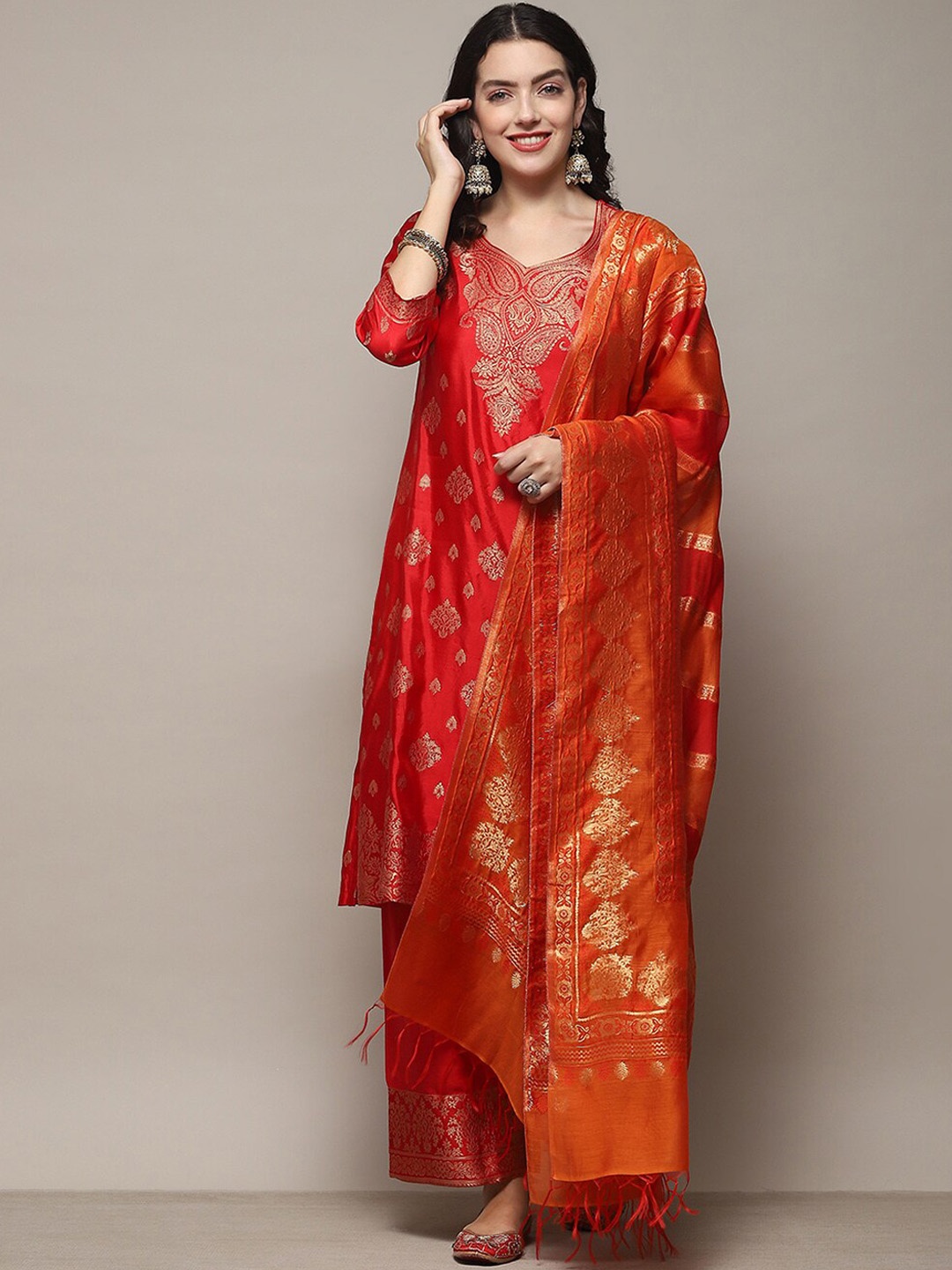 

Biba Ethnic Motifs Printed Straight Kurta With Palazzos & Dupatta, Red