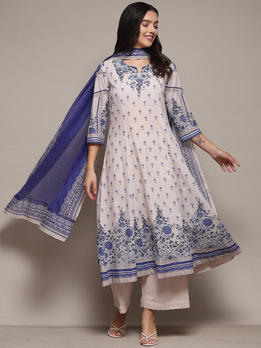 

Biba Floral Printed Sweetheart Anarkali Kurta With Palazzos & Dupatta, Off white