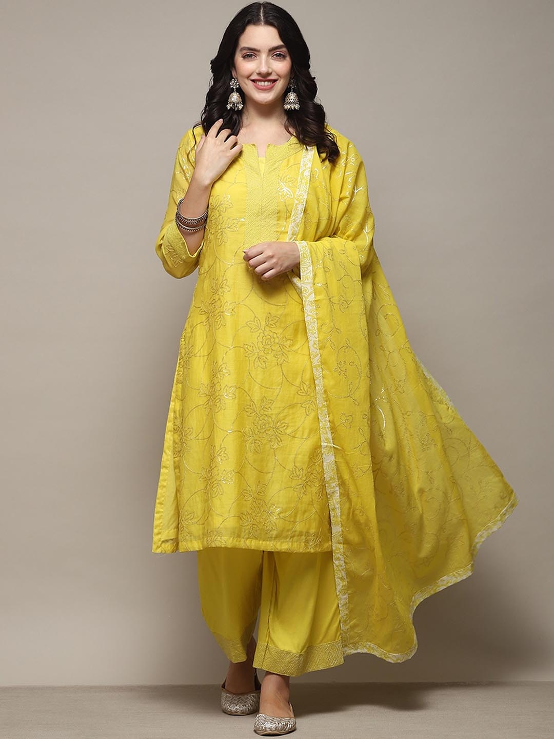 

Biba Floral Embroidered Sequinned Kurta with Palazzos & With Dupatta, Yellow