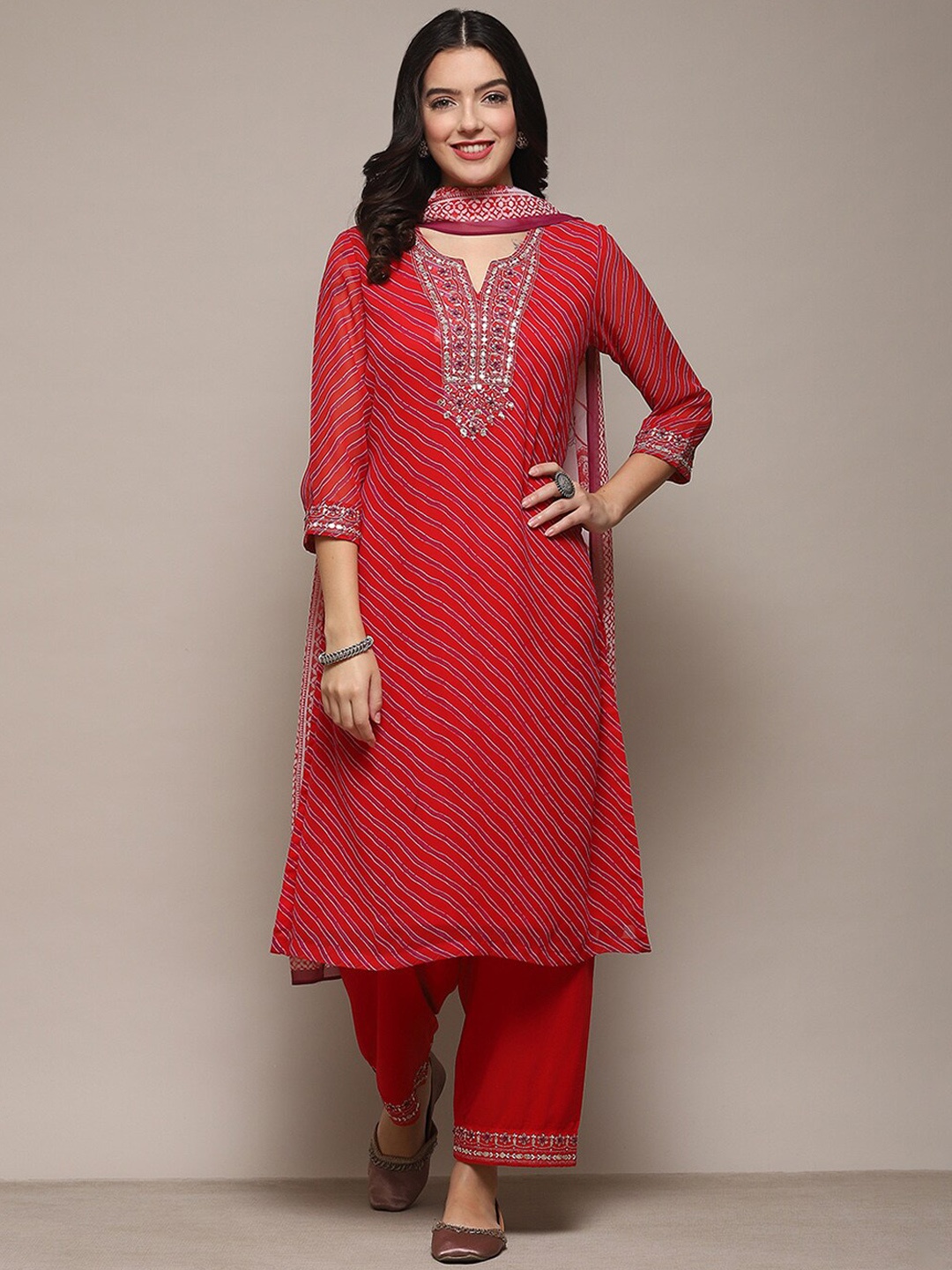 

Biba Striped Printed Thread Work Regular Kurta with Palazzos & With Dupatta, Red