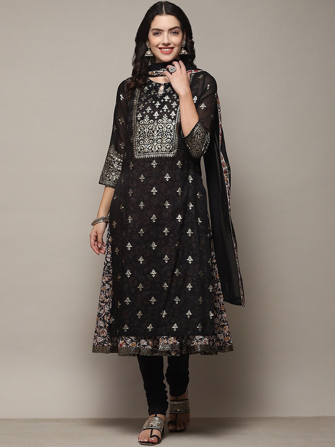 

Biba Floral Printed Round Neck Sleeveless Anarkali Kurta With Churidar & Dupatta, Black