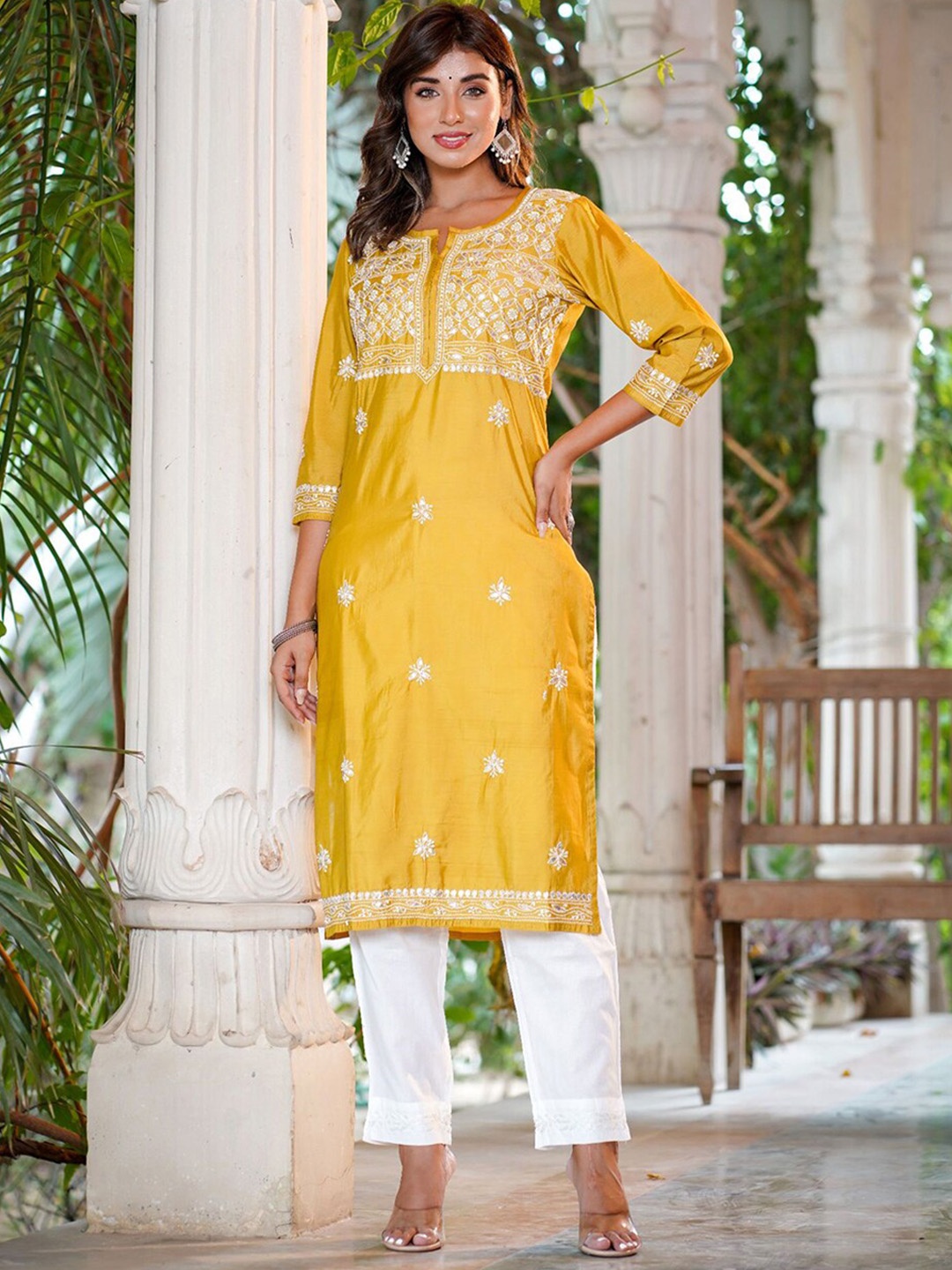 

KAAJH Floral Embroidered Chikankari Pure Silk Kurta with Trousers, Mustard