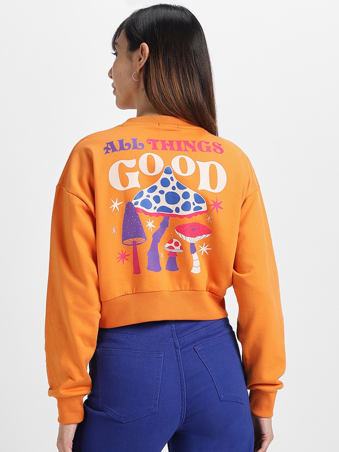 

JUNEBERRY Graphic Printed Drop Shoulder Sleeves Crop Pullover Fleece Sweatshirt, Orange