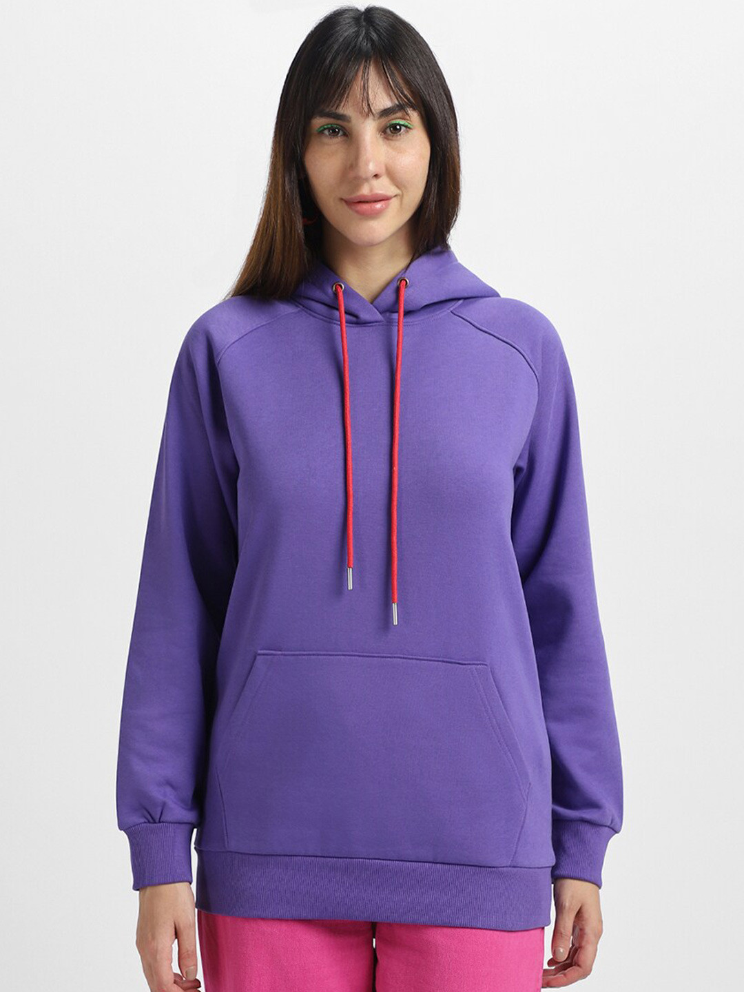 

JUNEBERRY Solid Hooded Raglan Sleeves Pullover Fleece Sweatshirt, Purple