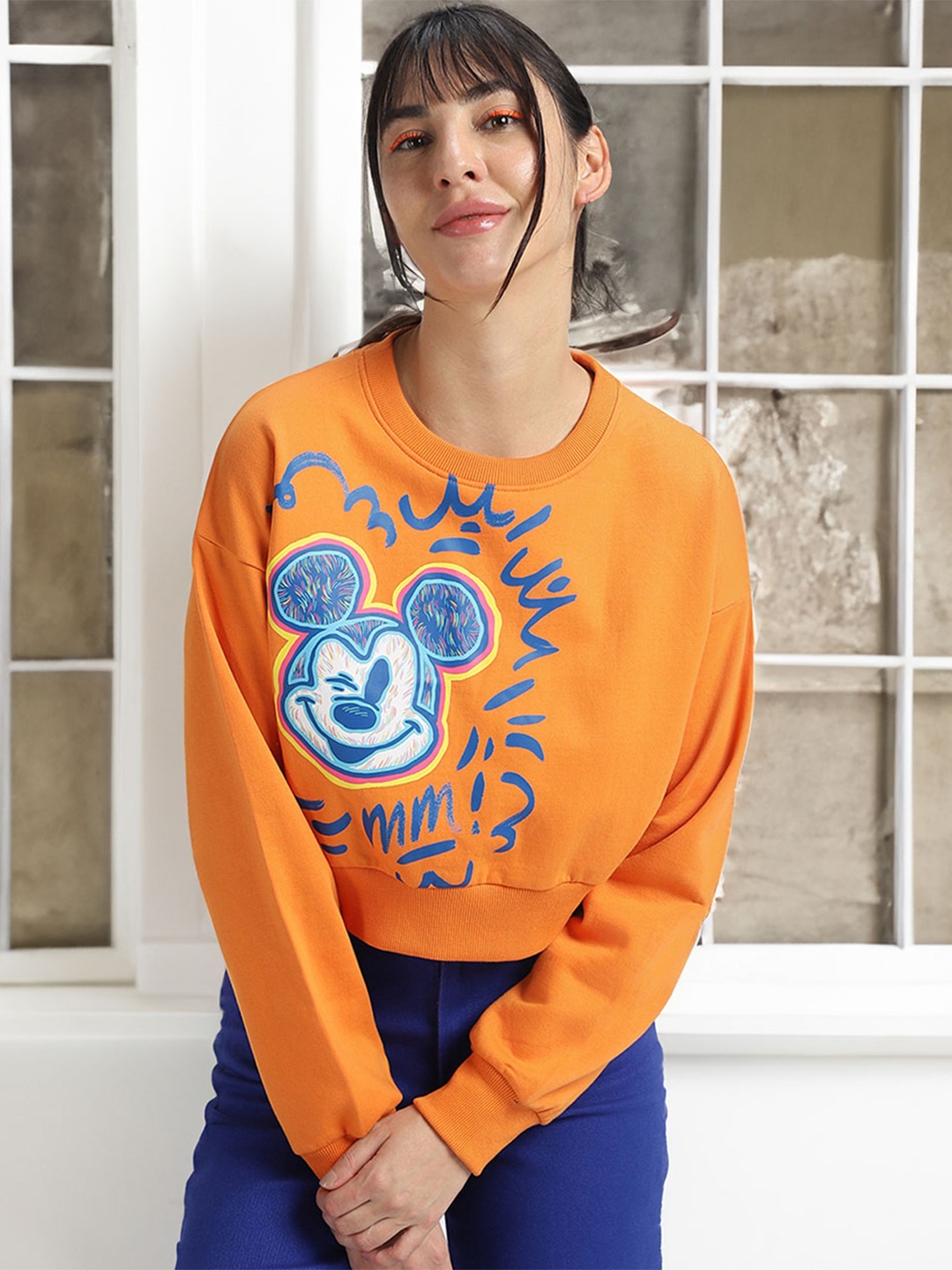

JUNEBERRY Disney Mickey Mouse Printed Crew Neck Cropped Fleece Pullover Sweatshirt, Orange