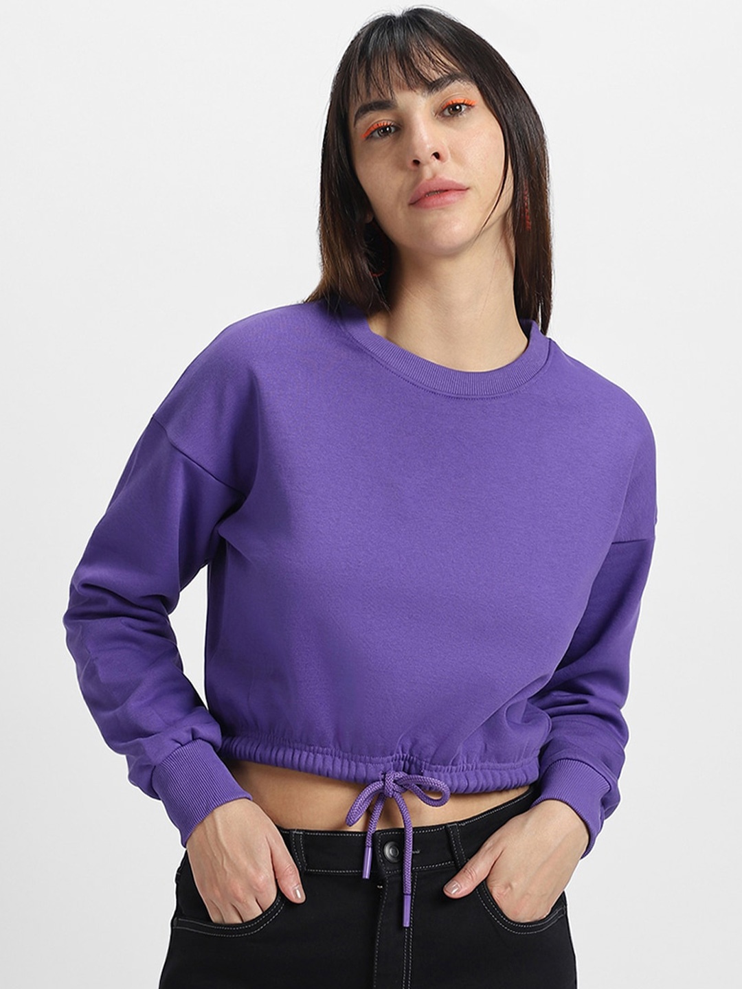 

JUNEBERRY Crew Neck Crop Fleece Pullover Sweatshirt, Purple