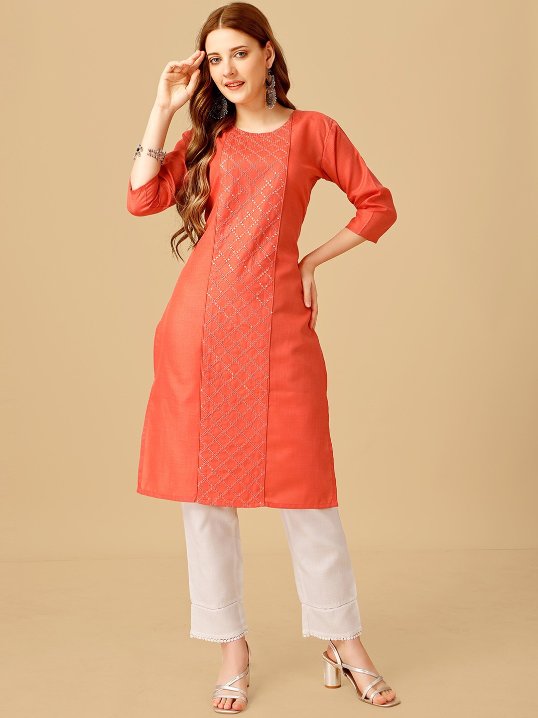 

BAPS Geometric Embroidered Sequinned Detailed Pure Cotton Straight Kurta With Trousers, Coral