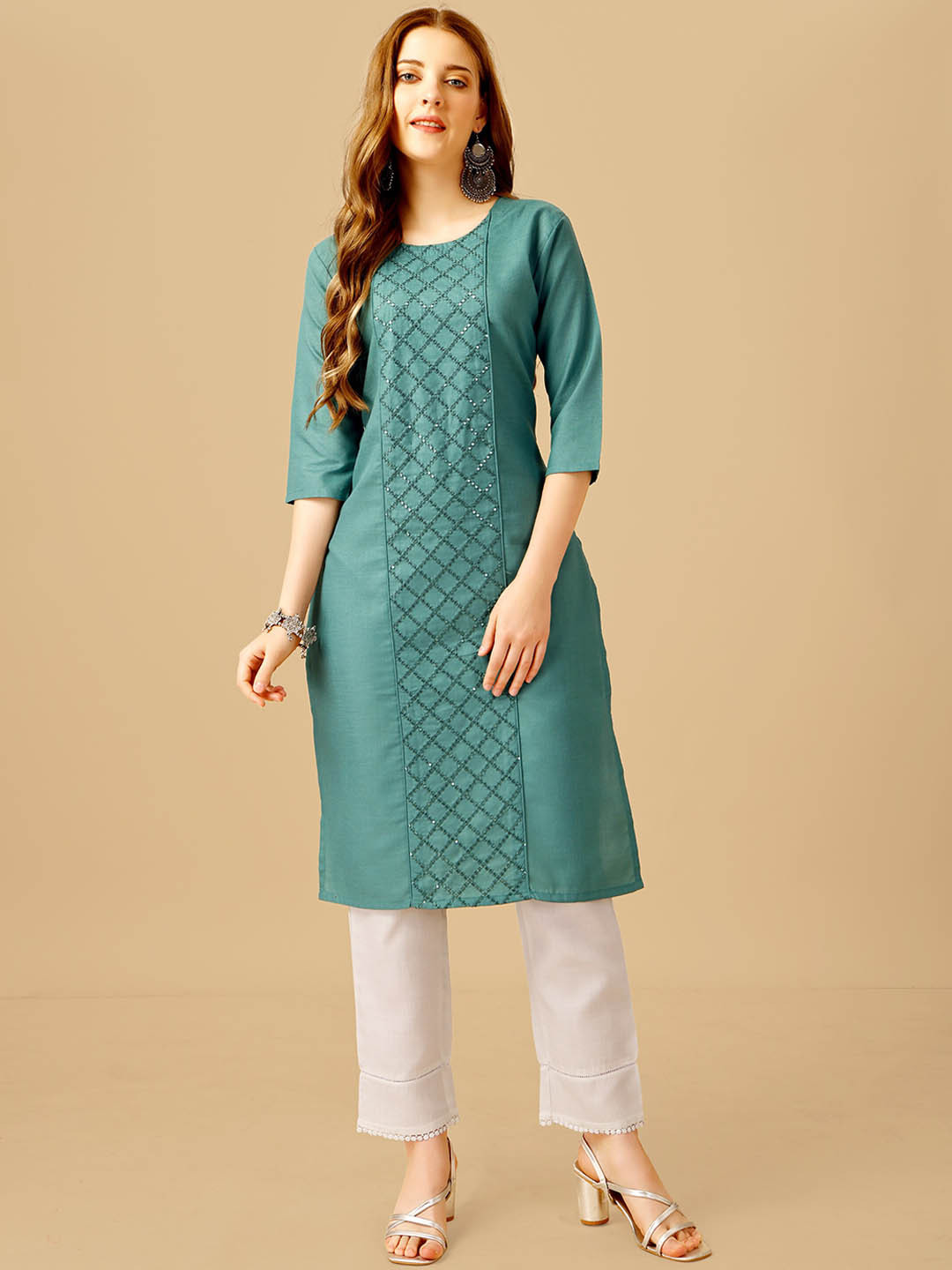 

BAPS Geometric Embroidered Sequinned Detailed Pure Cotton Straight Kurta With Trousers, Teal