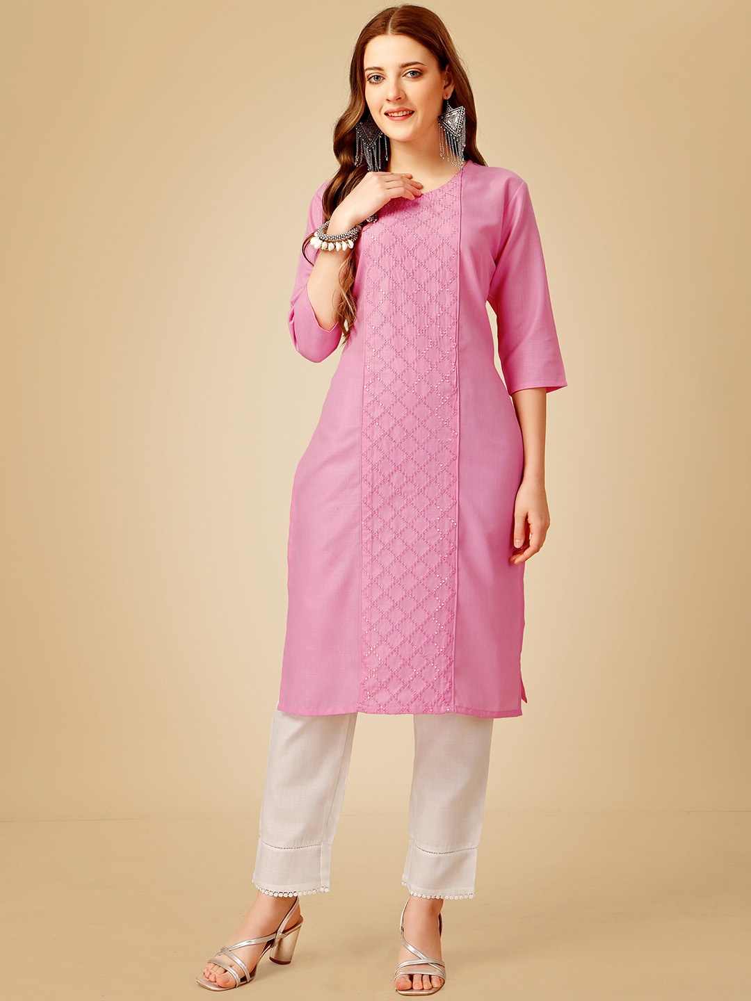 

BAPS Geometric Embroidered Sequinned Pure Cotton Straight Kurta with Trouser, Pink