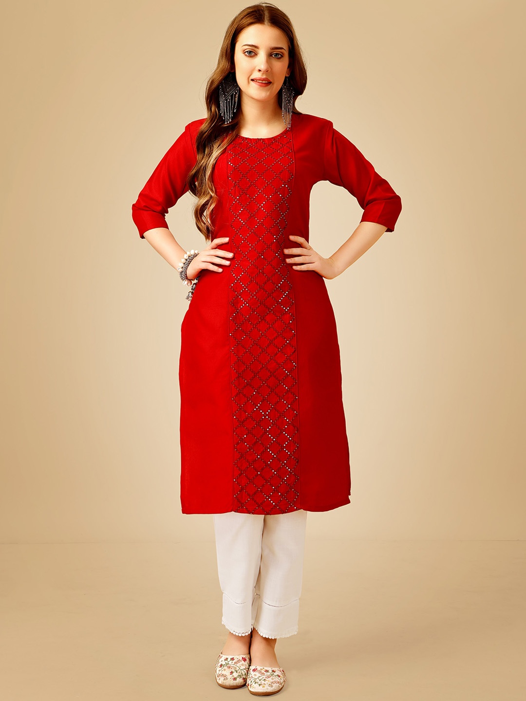 

BAPS Geometric Embroidered Sequinned Pure Cotton Straight Kurta with Trouser, Red