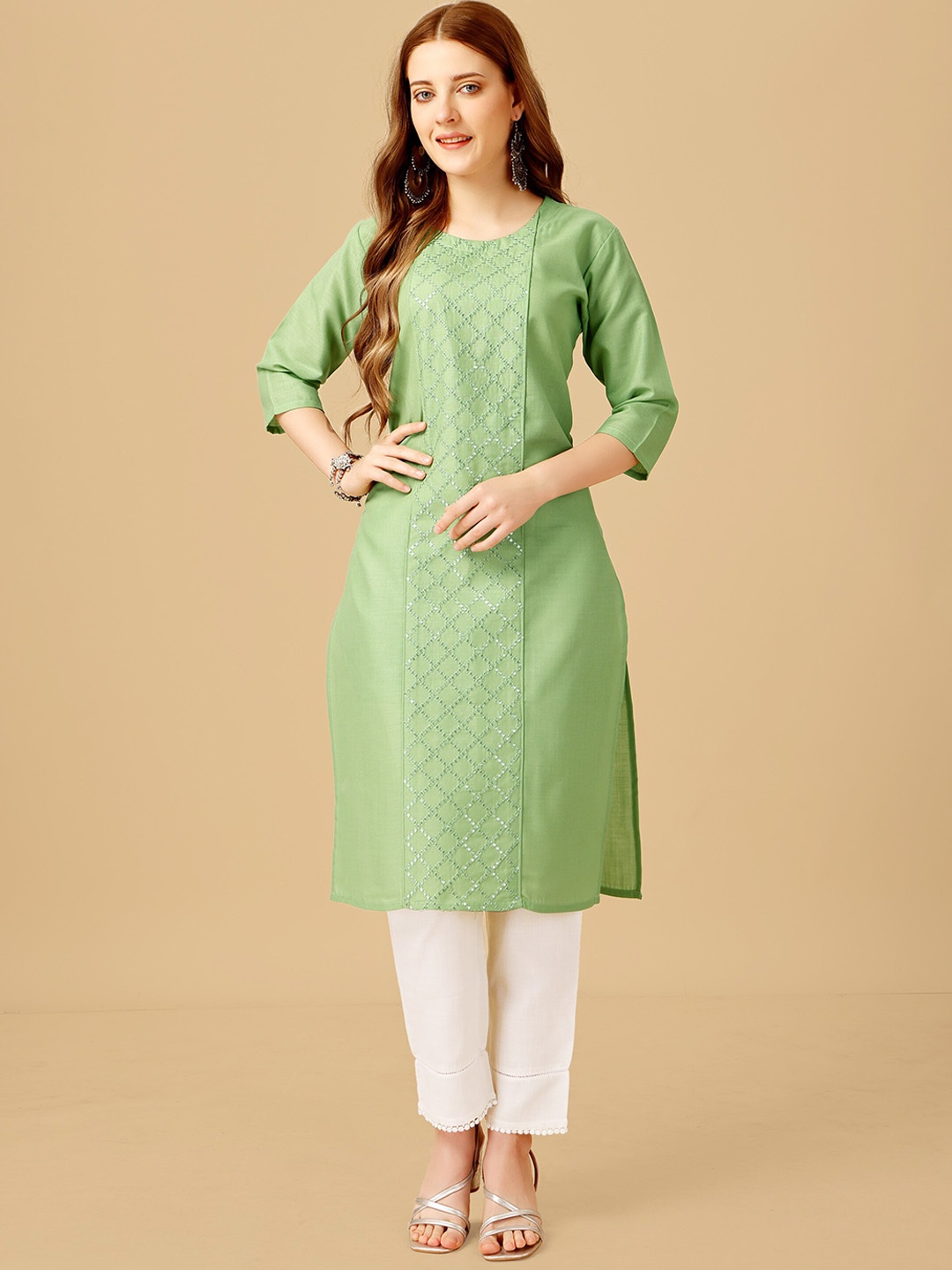 

BAPS Geometric Embroidered Sequinned Pure Cotton Straight Kurta with Trouser, Lime green