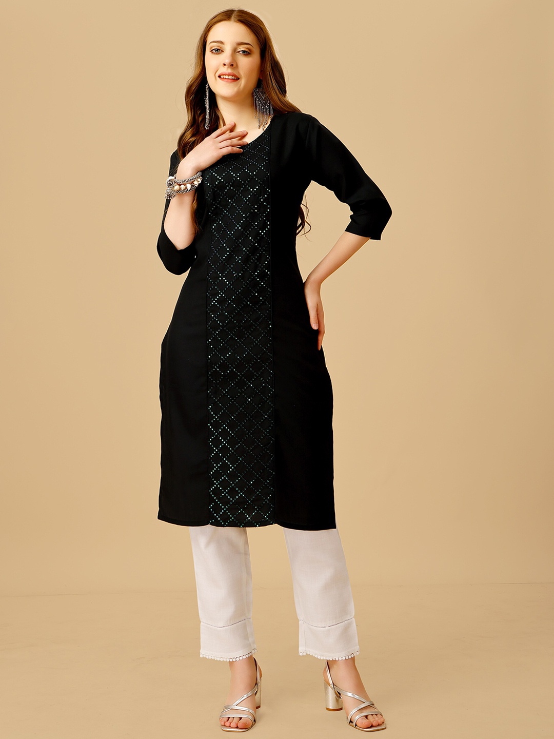 

BAPS Geometric Embroidered Sequinned Pure Cotton Straight Kurta with Trouser, Black