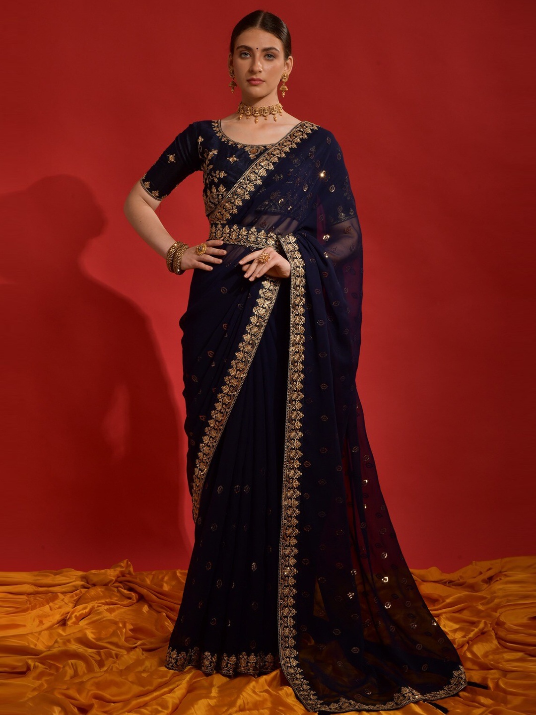 

GAJARAI Embellished Sequinned Belted Saree, Navy blue