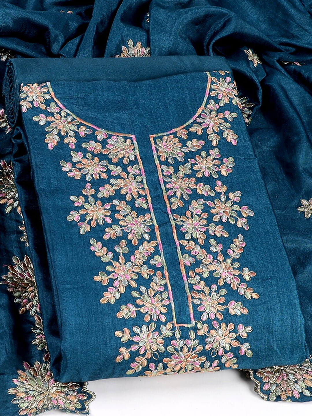 

Sun Fashion And Lifestyle Ethnic Embroidered Unstitched Dress Material, Turquoise blue