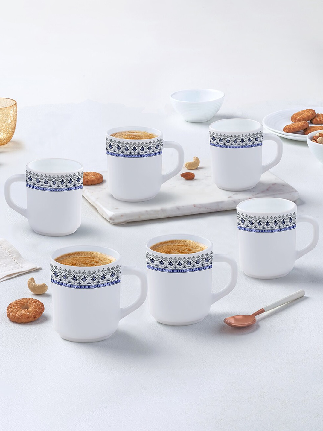 

Larah by BOROSIL Ocean 6 Pcs White & Blue Printed Opalware Glossy Mugs - 250 ML Each