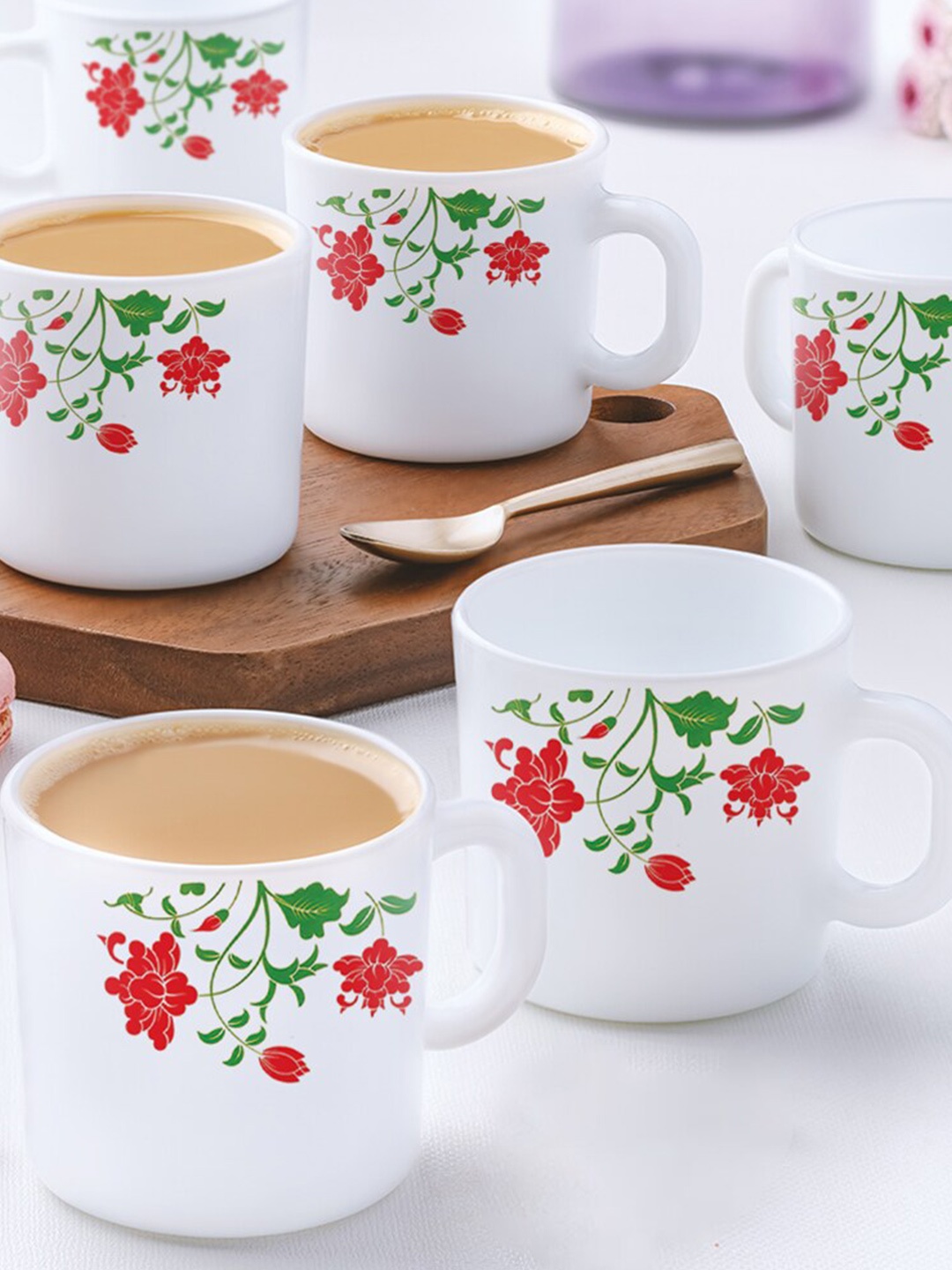 

Larah by BOROSIL Hazel 6 Pcs White & Red Floral Printed Opalware Glossy Mugs - 180 ML Each