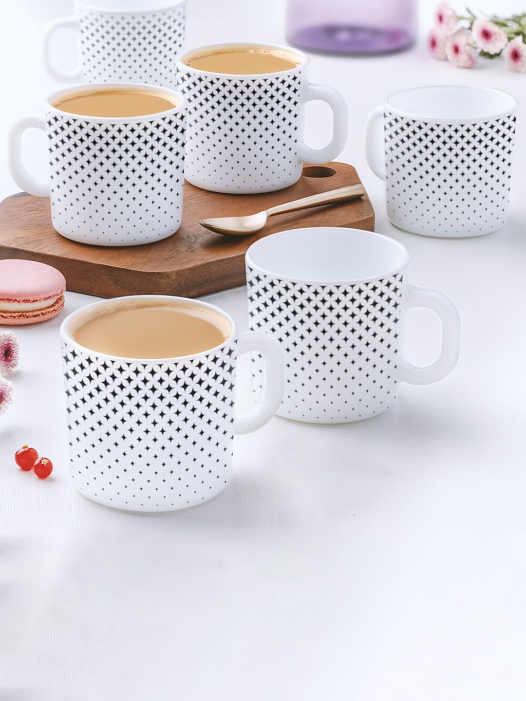 

Larah by BOROSIL 12 Pcs Nora White & Black Printed Opalware Matte Mugs - 180 ML Each