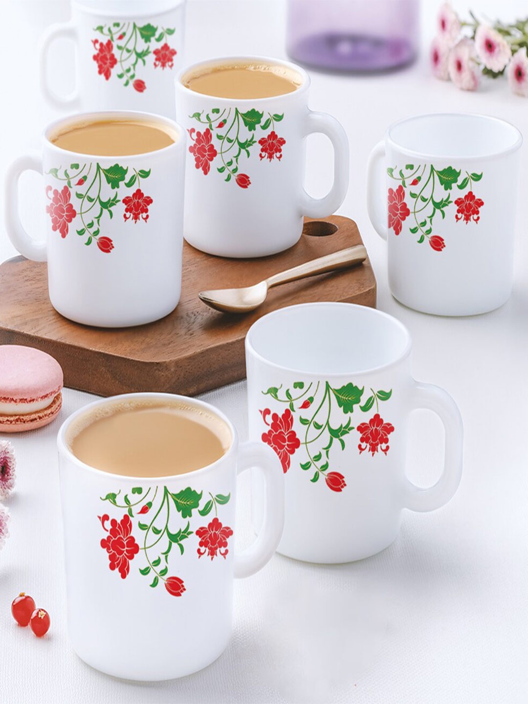 

Larah by BOROSIL Hazel 12 Pcs White & Red Floral Printed Opalware Matte Mugs - 180 ML Each