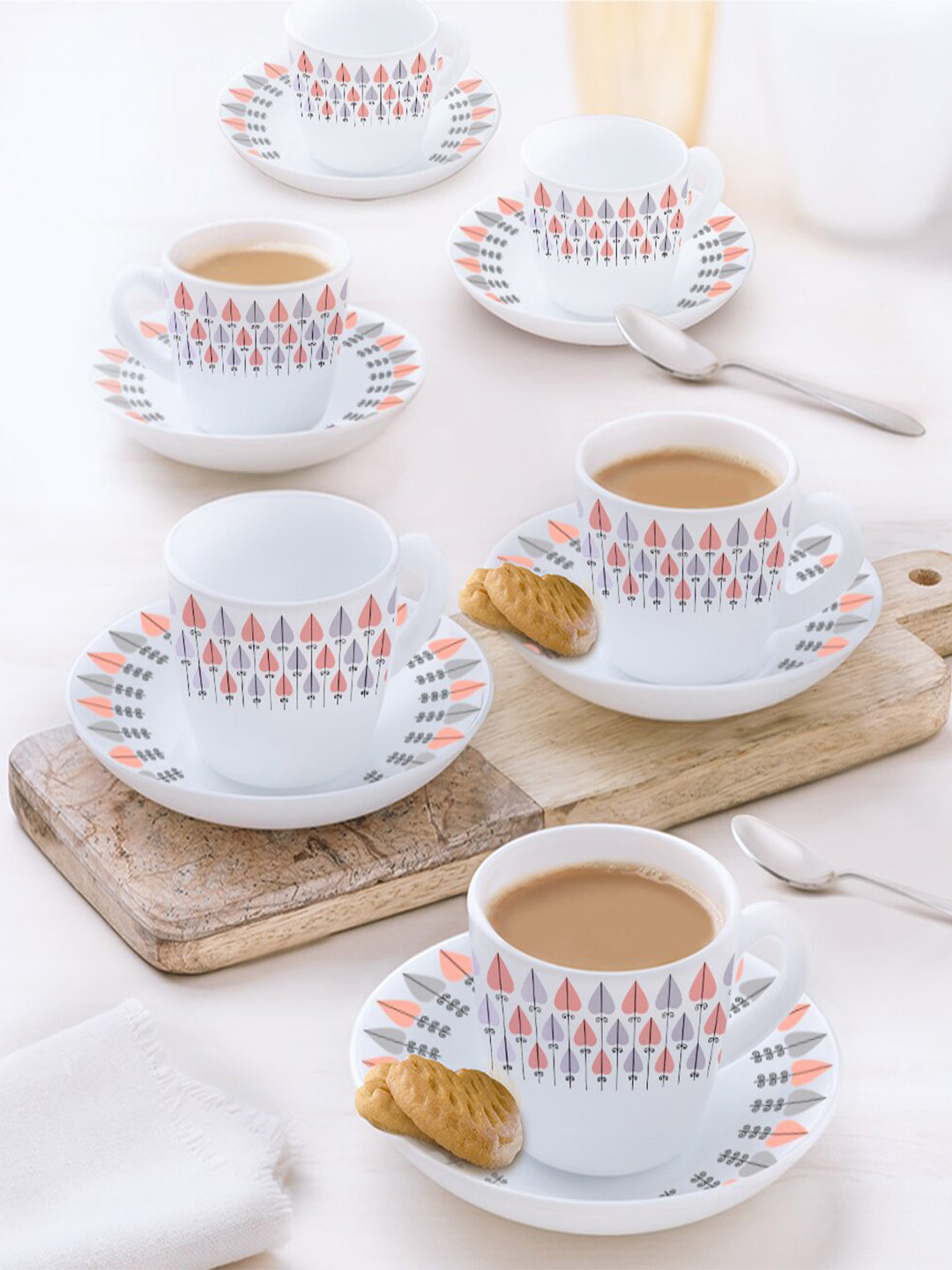 

Larah by BOROSIL Regency 12 Pcs White & Red Printed Opalware Cup and Saucers - 140 ML Each