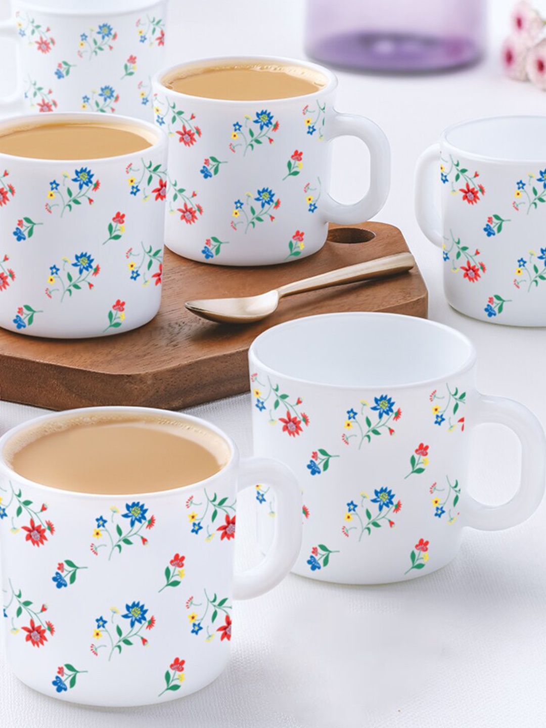 

Larah by BOROSIL Bouquet 6 Pcs White & Green Floral Printed Opalware Mugs - 180 ML Each