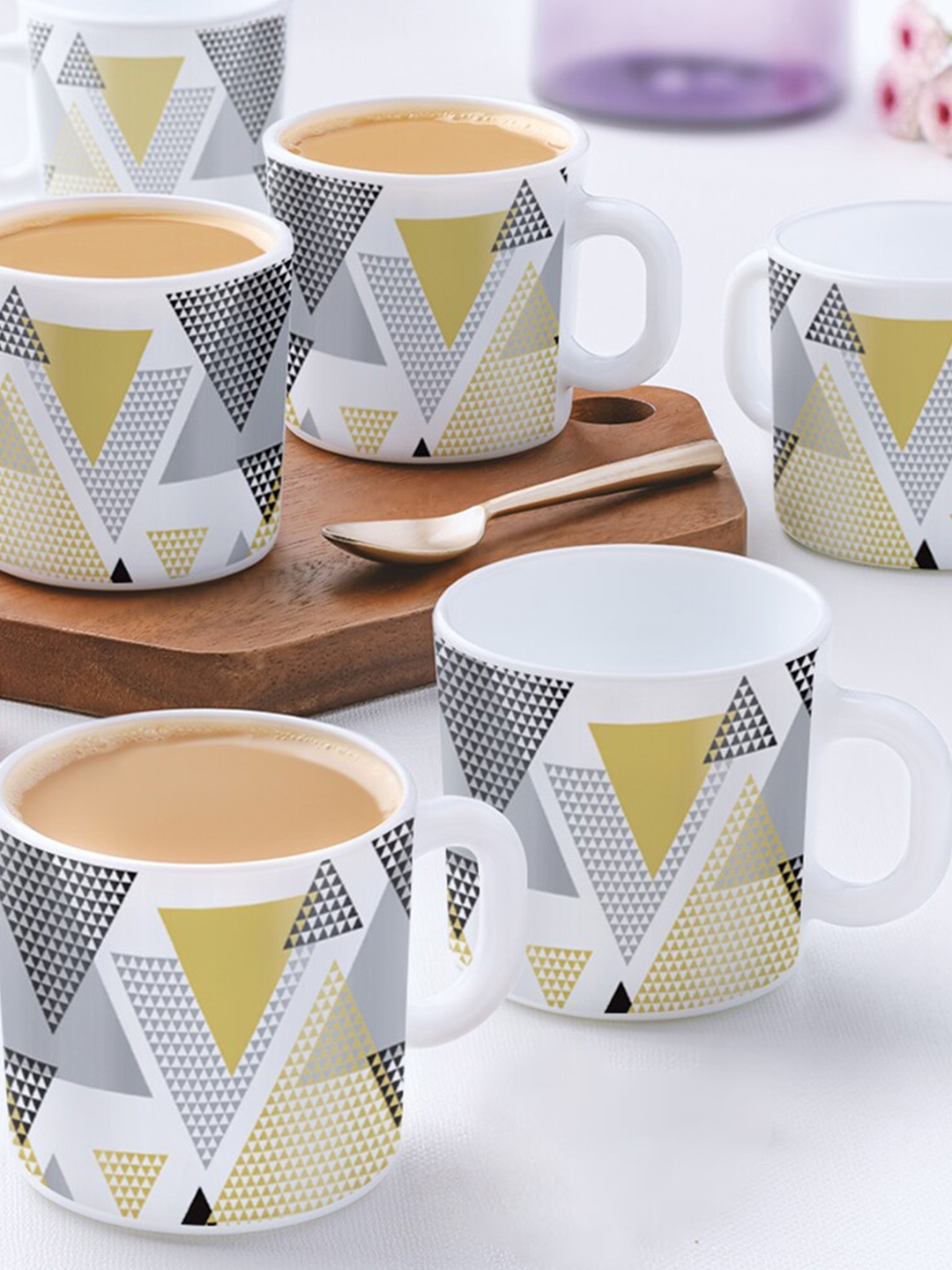 

Larah by BOROSIL Nivaah 12 Pcs White & Grey Geometric Printed Opalware Mugs - 180 ML Each