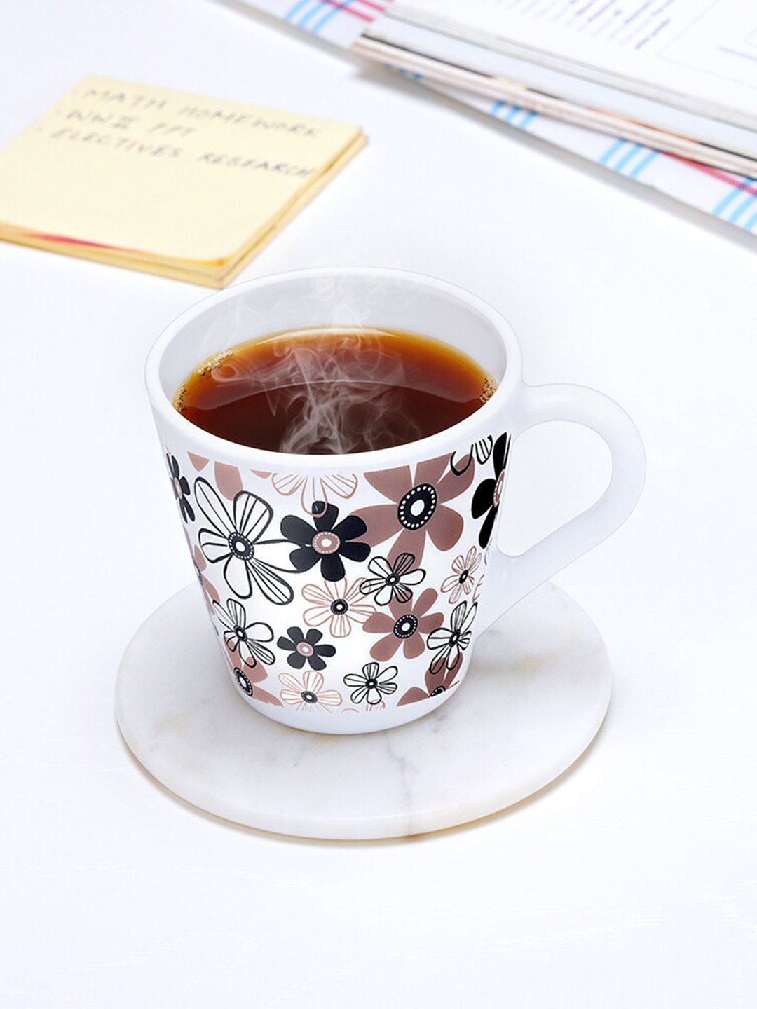 

Larah by BOROSIL Macy White & Brown 6 Pieces Floral Opalware Glossy Mugs 160 ml Each