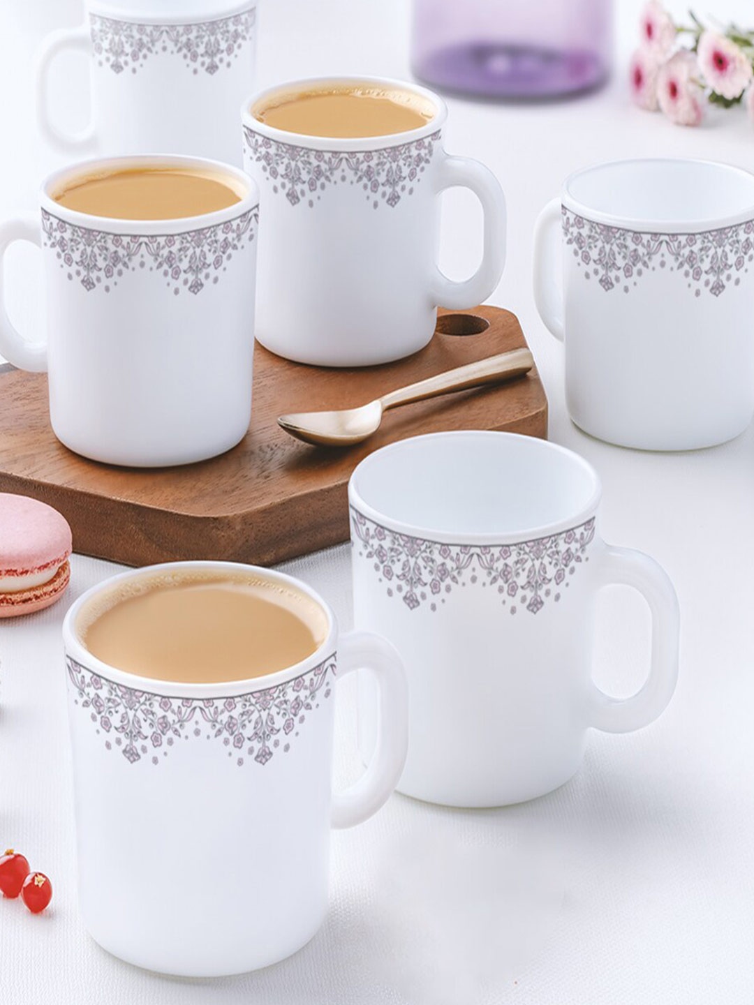 

Larah by BOROSIL Lark White & Pink 6 Pieces Printed Opalware Matte Mugs 180 ml Each